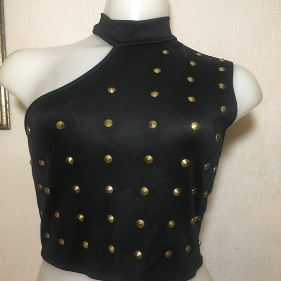 Crank Tops - Crank Open Shoulder Black with Gold Studs